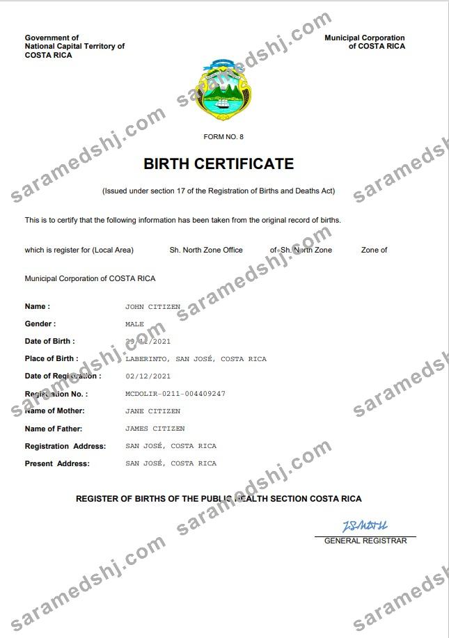 Costa Rica birth certificate Word and PDF template